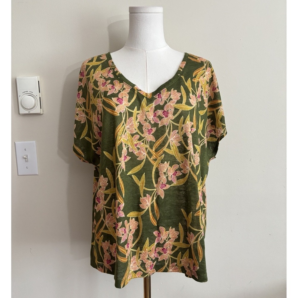 Rachel Zoe Tropical Floral Top Linen‎ Green Pink Large V Neck Stretchy Summer